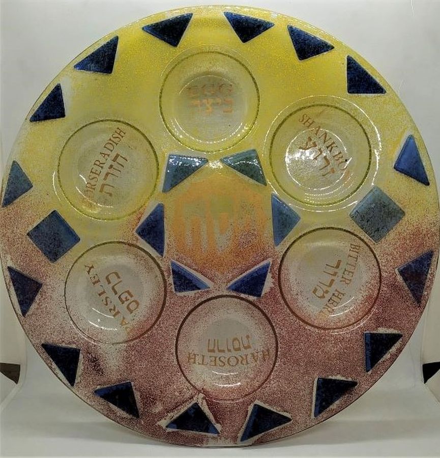 Handmade Passover Pesah Seder Dish Glass fused and colored. It has on it the ceremonial foods around which the Seder is based on.