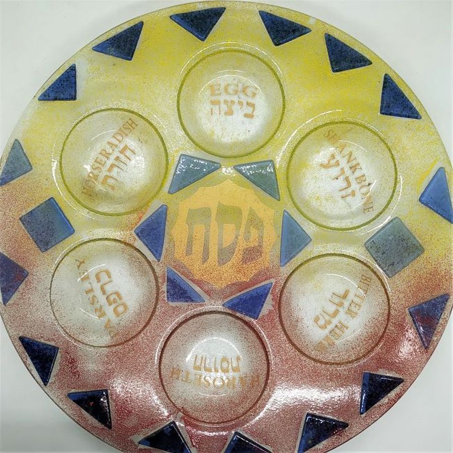 Handmade Passover Pesah Seder Dish Glass fused and colored. It has on it the ceremonial foods around which the Seder is based on.