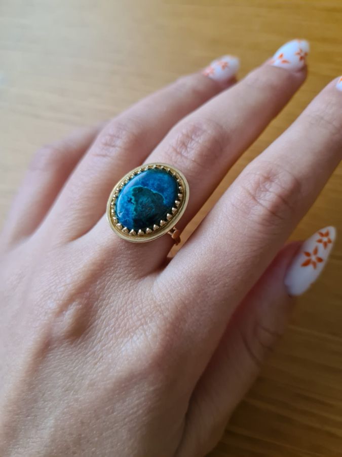 Handmade blue and green genuine Elat Stone Gold Ring set with Yemenite filigree prongs around . Dimension ring size European 56, USA 7.75.