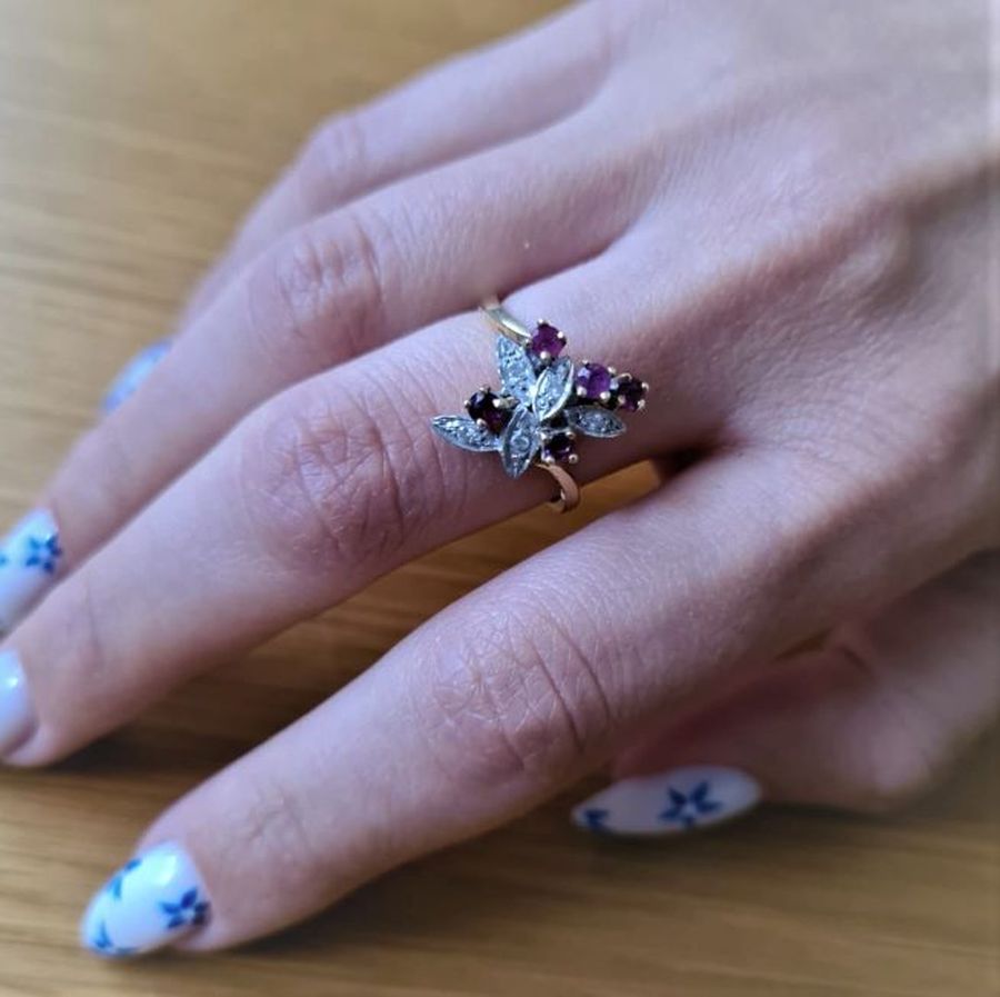 14 carat white and yellow Gold Ring Rose Flower shape with red rubies rose flowers and diamond leaf. Dimension ring size European 58.