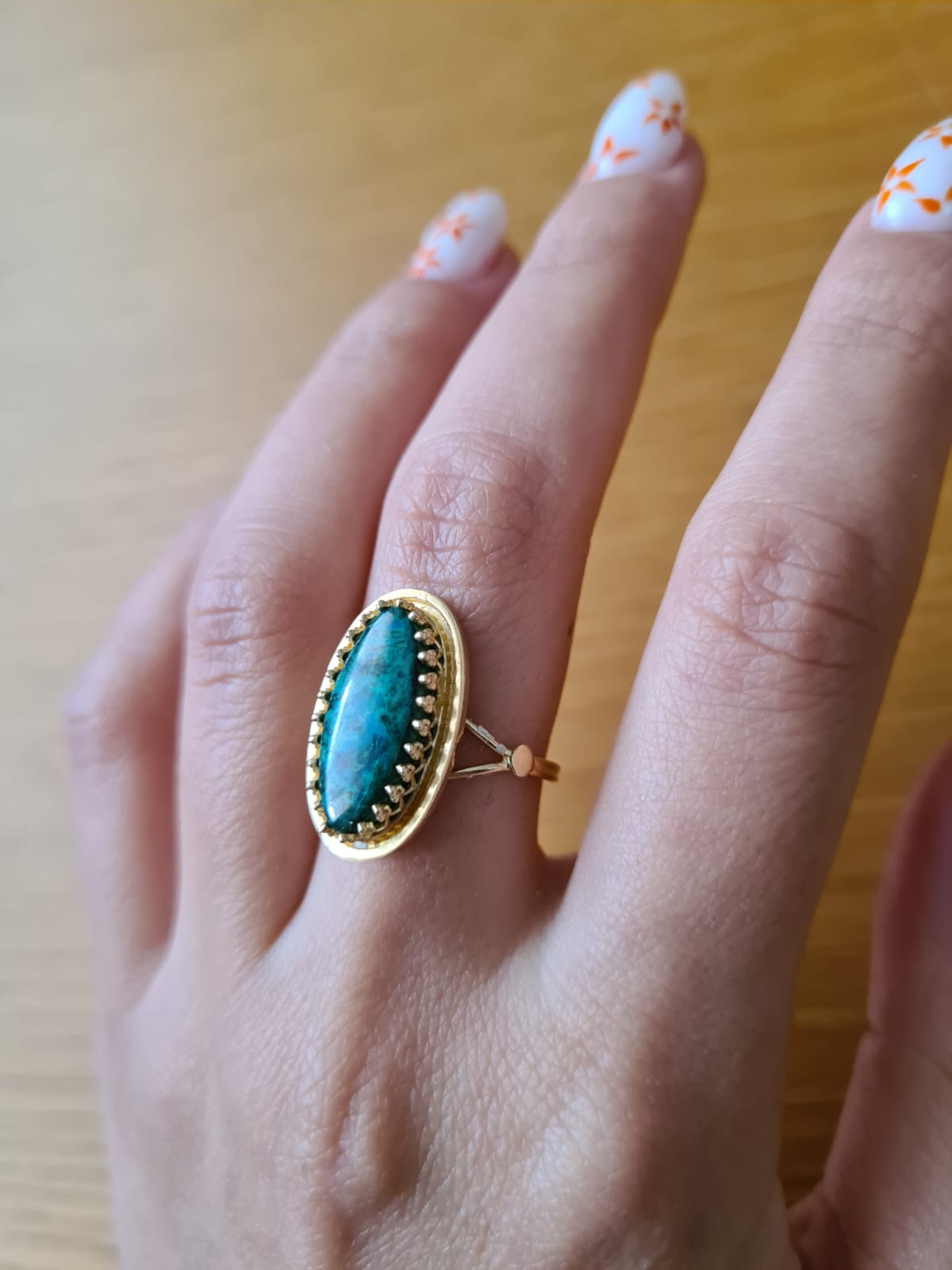 14 carat yellow Gold Ring Elat Stone with Yemenite filigree surrounding prongs. A genuine blue green Elat stone found in King Solomon mines.
