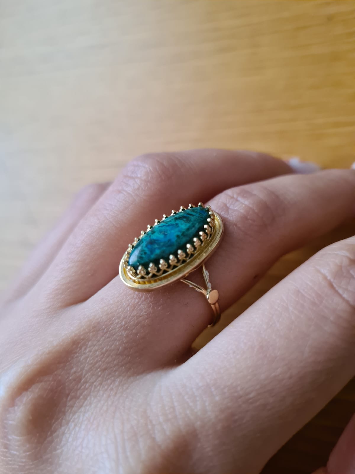 14 carat yellow Gold Ring Elat Stone with Yemenite filigree surrounding prongs. A genuine blue green Elat stone found in King Solomon mines.