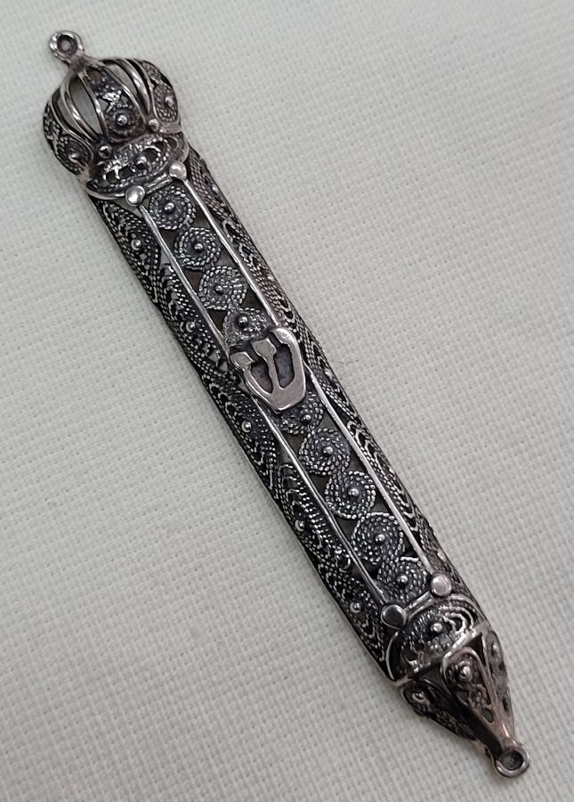 Handmade sterling silver Yemenite filigree Mezuzah silver crown filigree at top of Mezuzah suitable for parchment up to 7 cm .