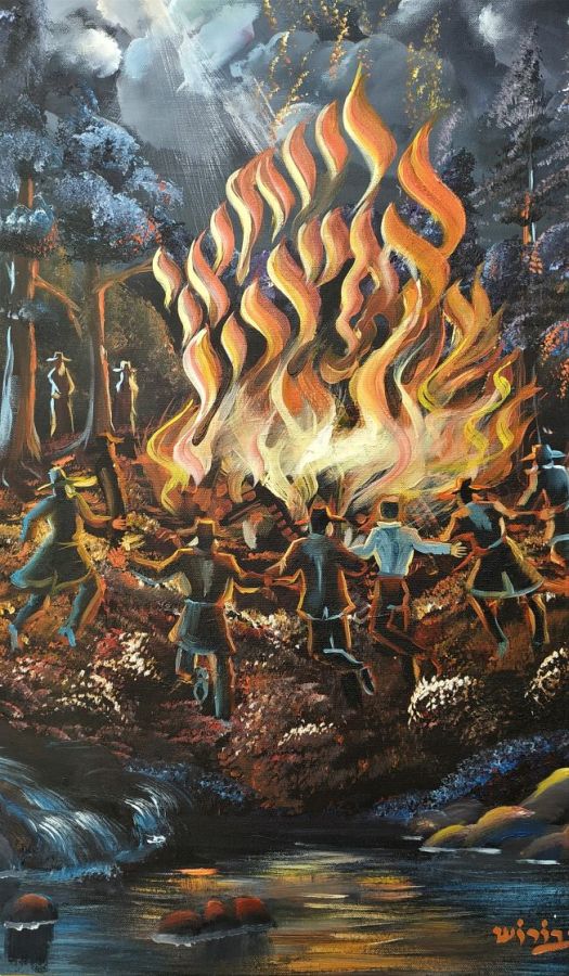 Haim Borosh has depicted ingeniously in the oil Painting Bar Yochai Bonfire the famous Rabbi Shimon Bar Yochai founder of the Kabbalah.