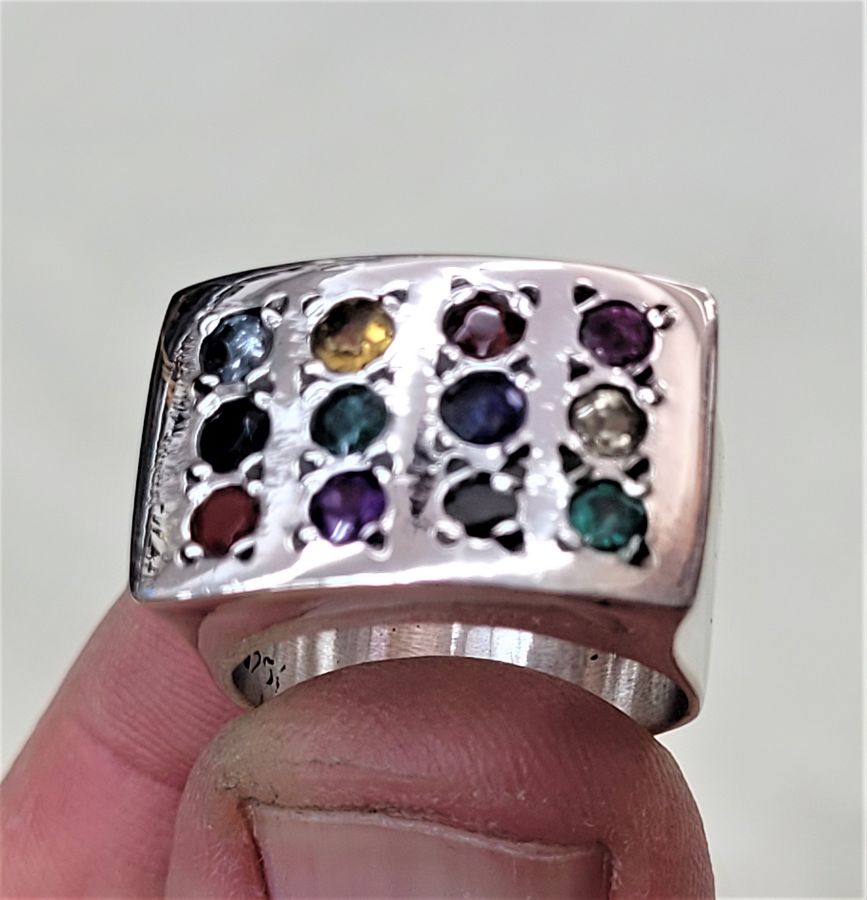 Sterling silver ring set with precious twelve tribes stones handmade. Dimension 2.4 cm X 1 cm European finger ring size 58, USA size 8.5.