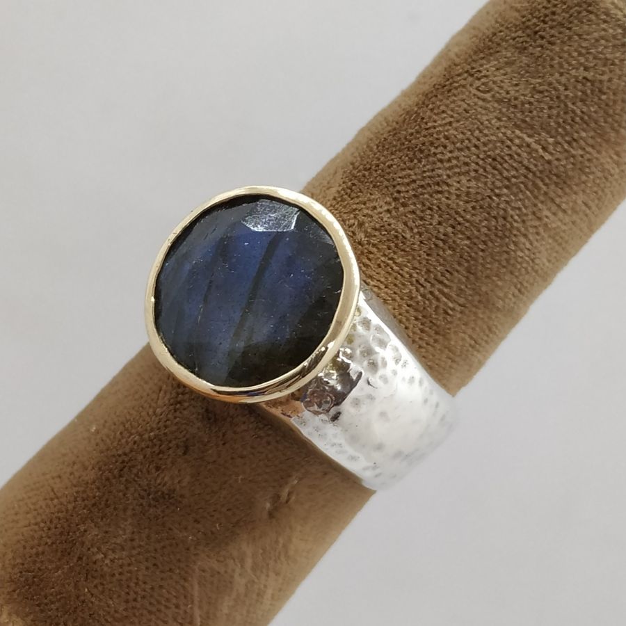 Handmade sterling silver Labradorite round stone ring hand hammered contemporary design European finger size 22, USA size 10.