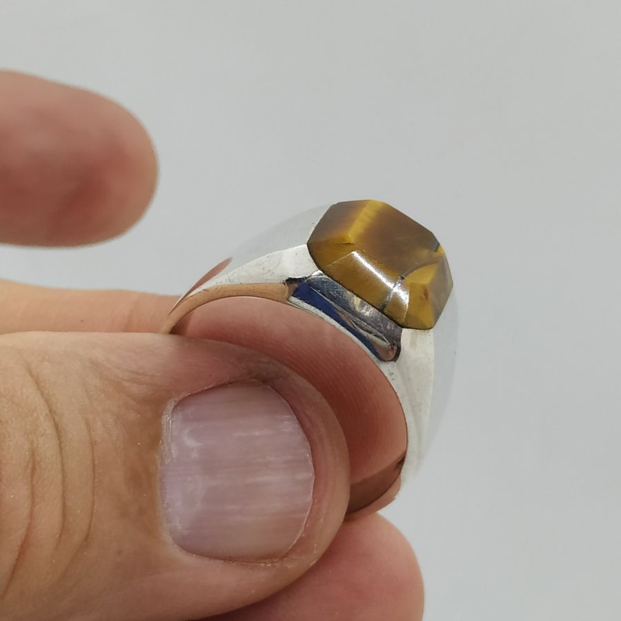 Handmade sterling silver Tiger's eye man ring, faceted stone and shaped 0.9 cm X 0.9 cm. European finger size 74, USA finger size 14.