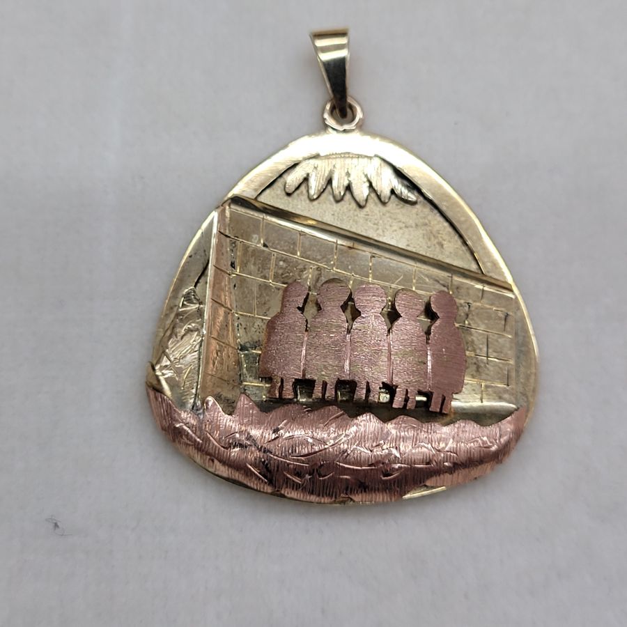 Handmade 14 carat yellow and pink gold Kotel Western wall pendant, sand and diamond cut finish 4 cm X 3.2 cm X 0.5 cm approximately.