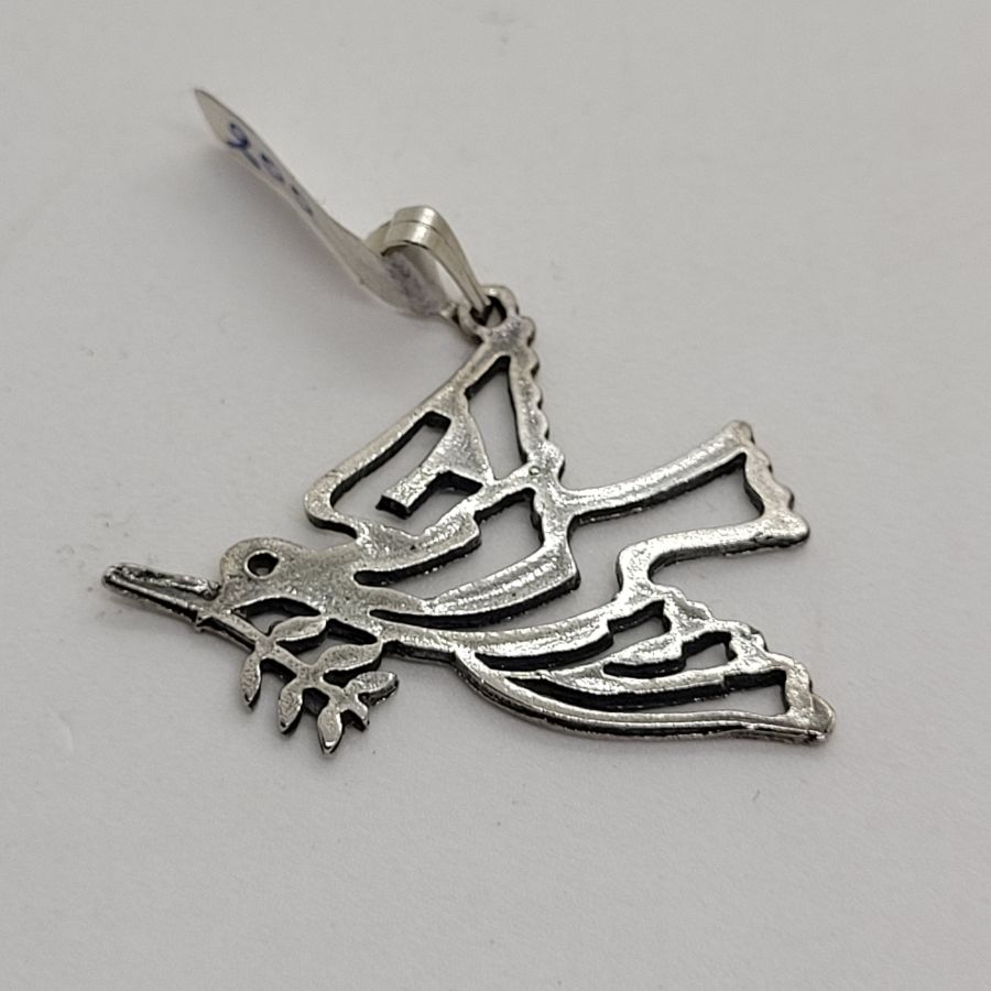Sterling silver Shalom dove pendant handmade with the word Shalom in Hebrew cut out. Dimension 2.2 cm X 1.5 cm approximately.