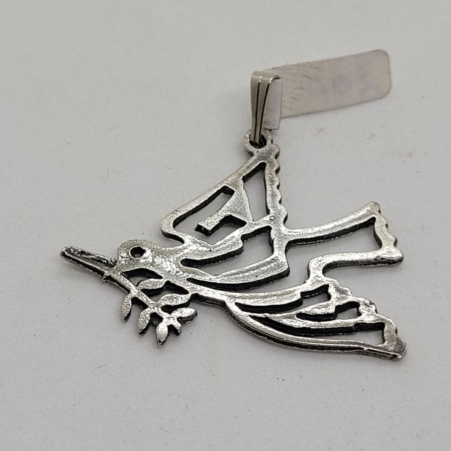 Sterling silver Shalom dove pendant handmade with the word Shalom in Hebrew cut out. Dimension 2.2 cm X 1.5 cm approximately.