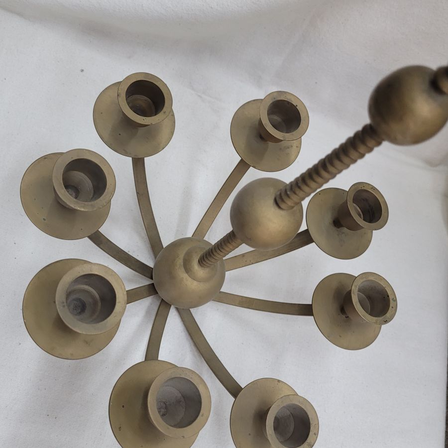 Brass Menorah vintage handmade hanging menorah from Poland early 20th century. They used a solitaire candle as the Shamash ( servant in Hebrew).