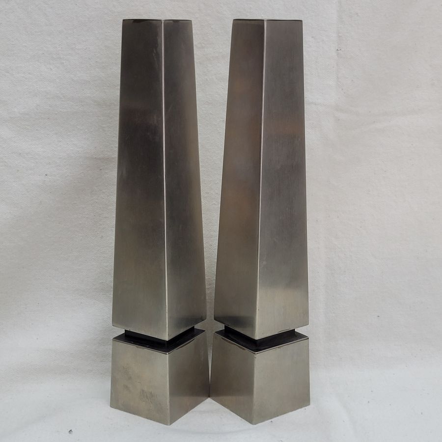 Handmade Stainless steel Sabbath candlesticks, clean metal with no ornaments to ornate the metal made by Bier early 1960's.