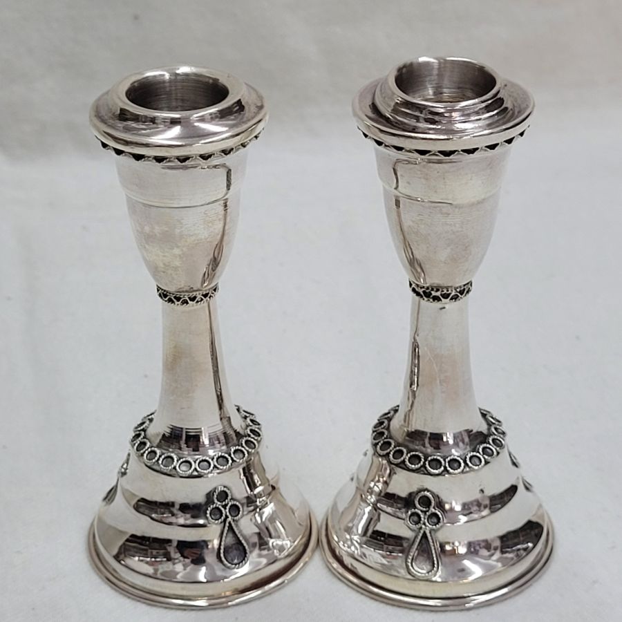 Sterling silver Yemenite filigree Bath Mitzvah candlesticks handmade. Accidently there is a slight knock on top of one of the candle holders.