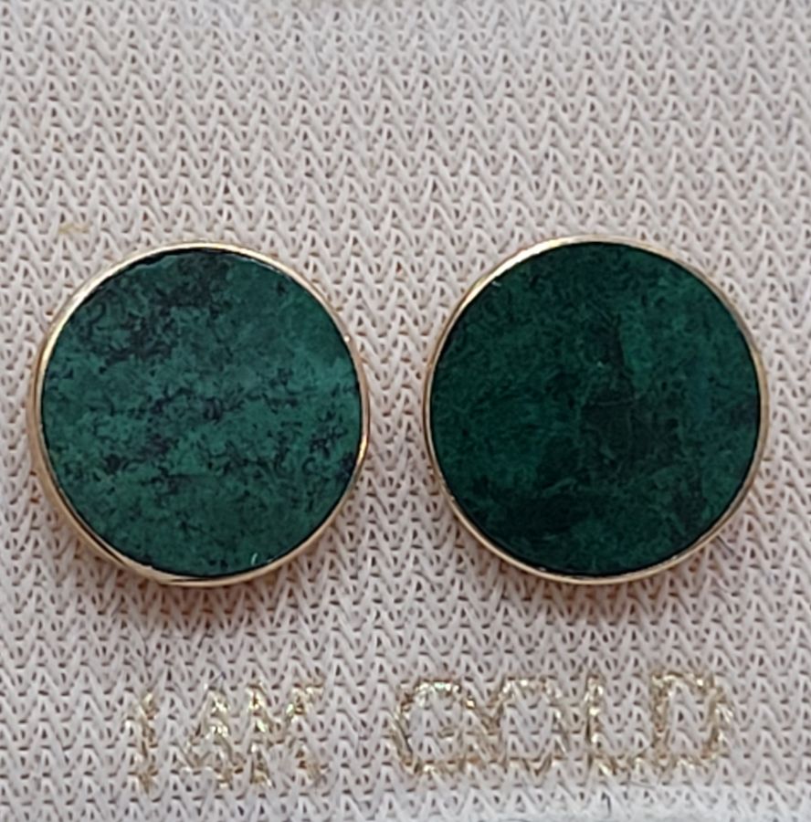 Handmade 14 carat gold round stud earrings flat Elat stones set with round smooth flat Elat stones. Dimension diameter 0.8 cm approximately.