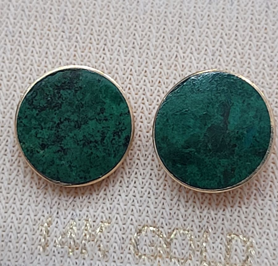 Handmade 14 carat gold round stud earrings flat Elat stones set with round smooth flat Elat stones. Dimension diameter 0.8 cm approximately.