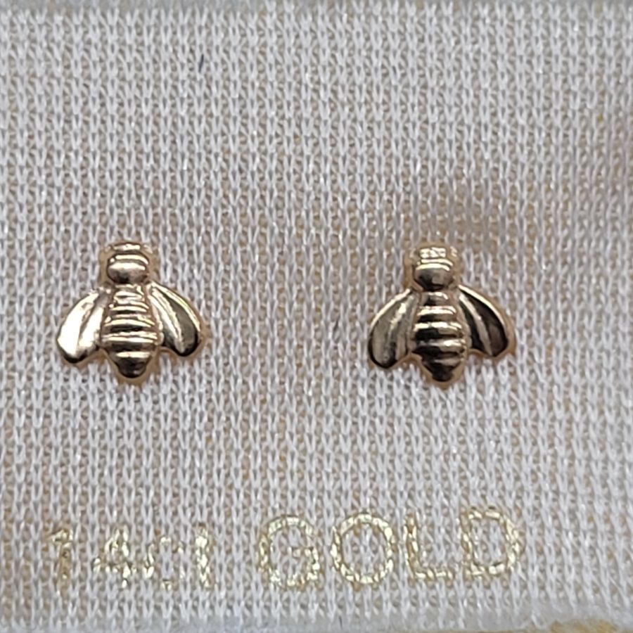 Handmade 14 carat gold bee shape stud earrings shiny and smooth design, suitable for young girls. Dimension 0.5 cm X 0.5 cm approximately.