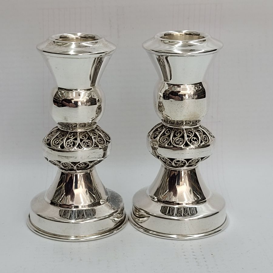 Sterling silver ball Yemenite filigree Bath Mitzvah candleholders handmade. Dimension diameter 4.2 cm X 8 cm approximately.