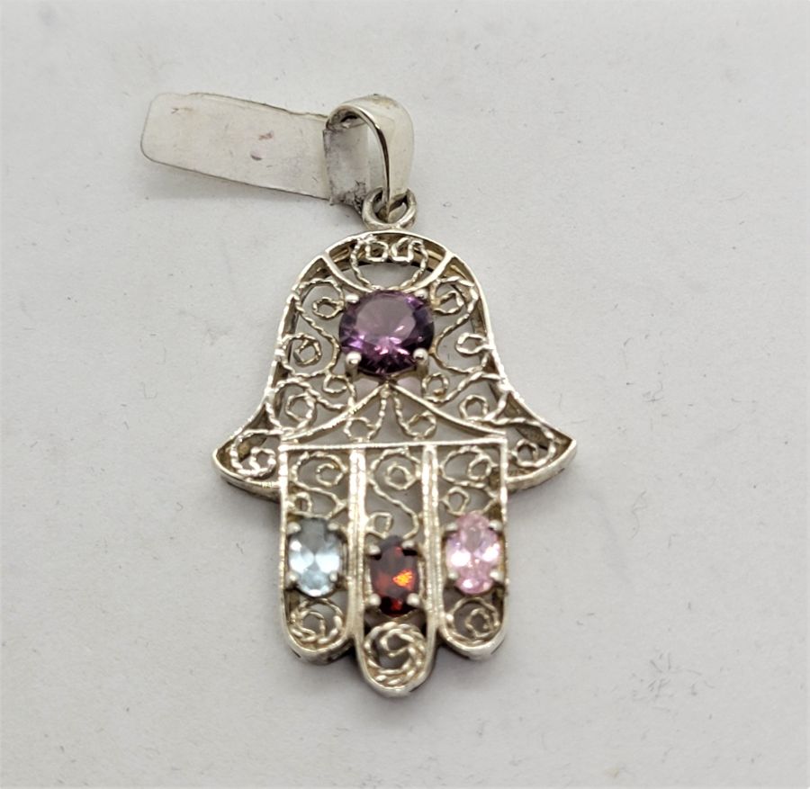 Handmade sterling silver Hamsa pendant filigree gems Amethyst, Rose quartz, Blue Topaz and Garnet set in fine Yemenite filigree design.