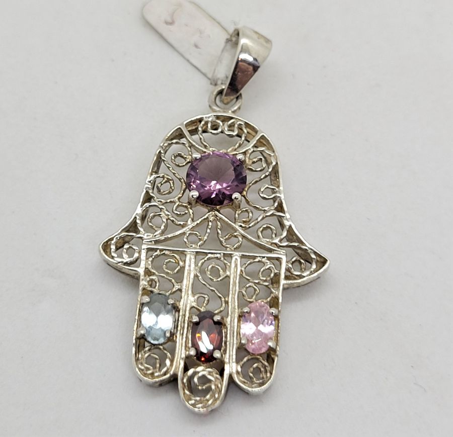 Handmade sterling silver Hamsa pendant filigree gems Amethyst, Rose quartz, Blue Topaz and Garnet set in fine Yemenite filigree design.