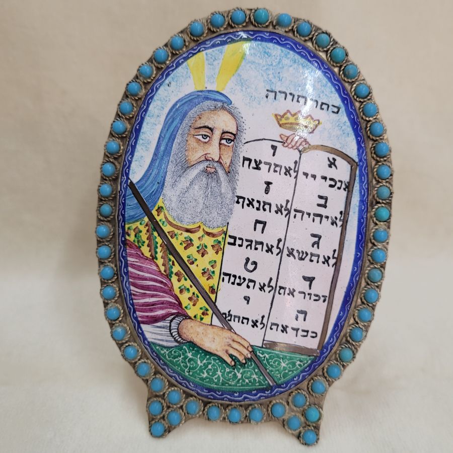 Vintage enamel painting framed Moses the greatest Israelite prophet carrying the 10 commandments, from the middle east early 20th century.