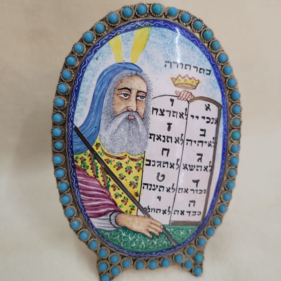 Vintage enamel painting framed Moses the greatest Israelite prophet carrying the 10 commandments, from the middle east early 20th century.