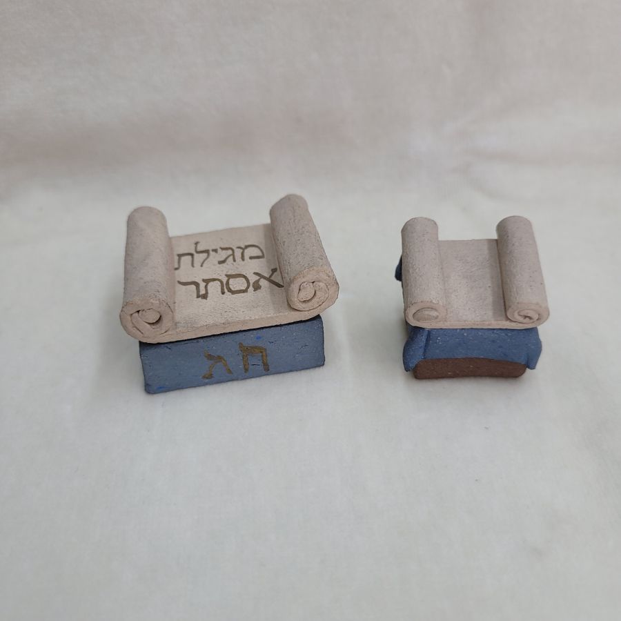 Handmade Torah scroll ceramic sculpture and Megilat Esther scroll made in 1980's by Sakolovsky,Torah scroll 1.5 cm X 4.5 cm X 3.7 cm approximately.