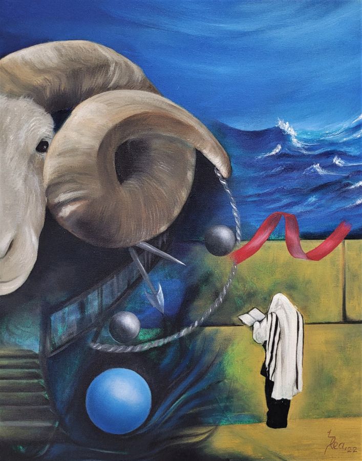 Lea transmits in Lashon Hara oil painting how one can refrain gossip and instead should use a lamb horn to cover ear and praise G-D.