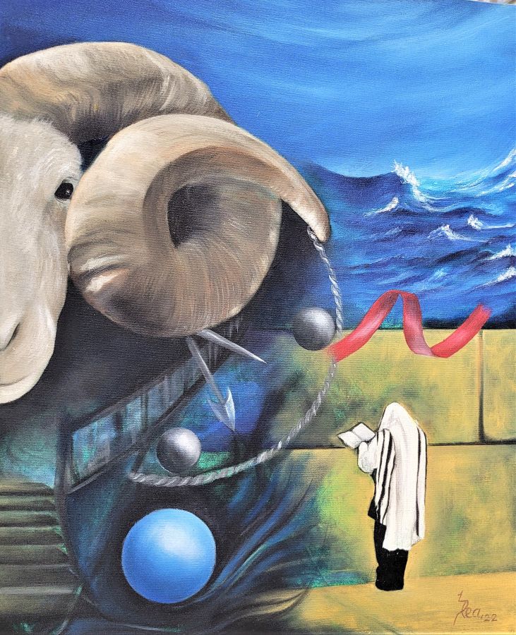 Lea transmits in Lashon Hara oil painting how one can refrain gossip and instead should use a lamb horn to cover ear and praise G-D.
