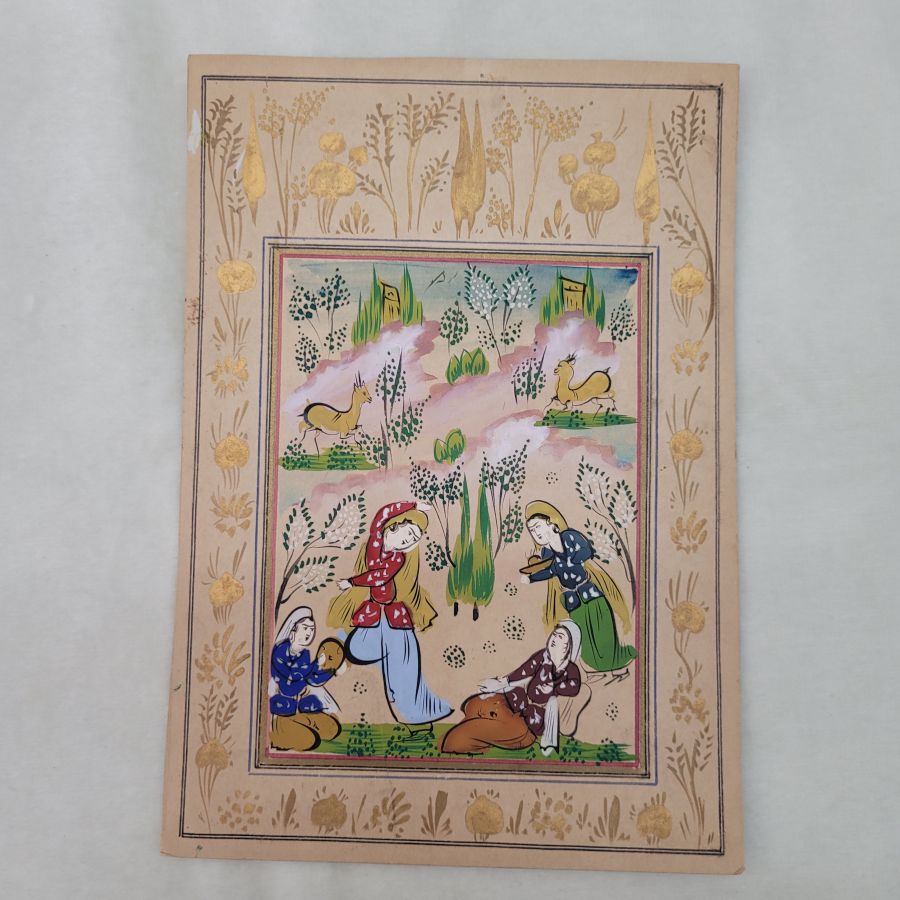 Vintage water color vintage tribal life women painting handmade, describing how they were spending their free time dancing and singing.