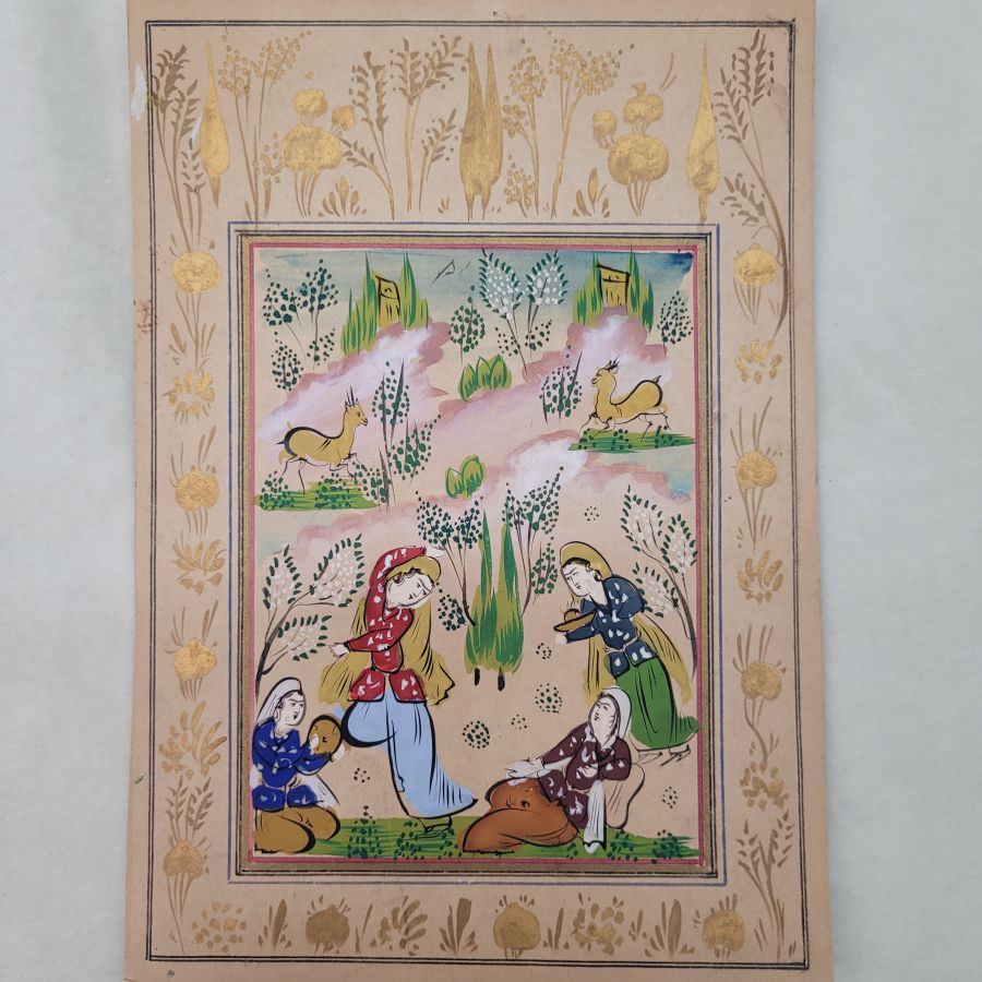 Vintage water color vintage tribal life women painting handmade, describing how they were spending their free time dancing and singing.