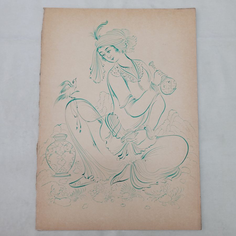 Handmade on paper lady drinking wine drawing green water color vintage painting, describing how women in the Mideast were having leisure time in the wild.