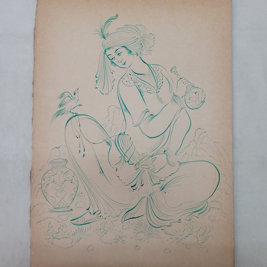 Handmade on paper lady drinking wine drawing green water color vintage painting, describing how women in the Mideast were having leisure time in the wild.