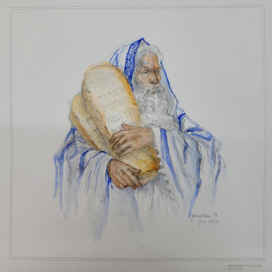 Hand painted Moses holding commandments painting water color and pencil drawing on paper by A. Nowick. A very much meticulously designed masterpiece.