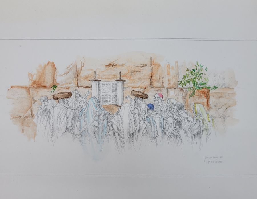 Hand painted reading Torah western wall water color and pencil drawing on paper by A. Nowick. A very much meticulously designed masterpiece.