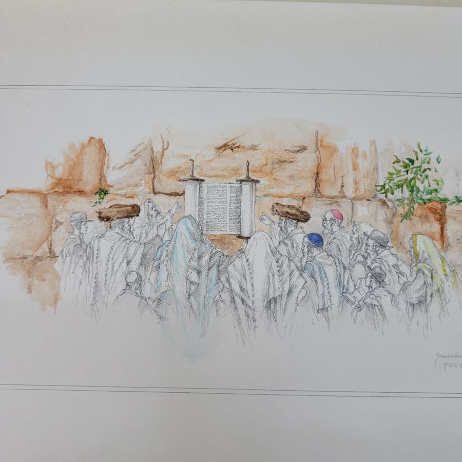 Hand painted reading Torah western wall water color and pencil drawing on paper by A. Nowick. A very much meticulously designed masterpiece.