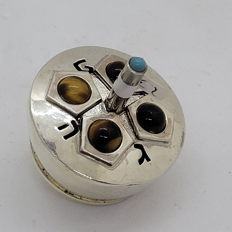 Chanuka Hanukah Dreidel Sevivon Tiger eyes and Turquoise stones set in sterling silver unique design hand made by S. Ghatan (Katan).