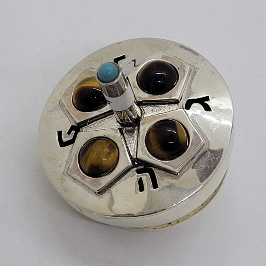 Chanuka Hanukah Dreidel Sevivon Tiger eyes and Turquoise stones set in sterling silver unique design hand made by S. Ghatan (Katan).