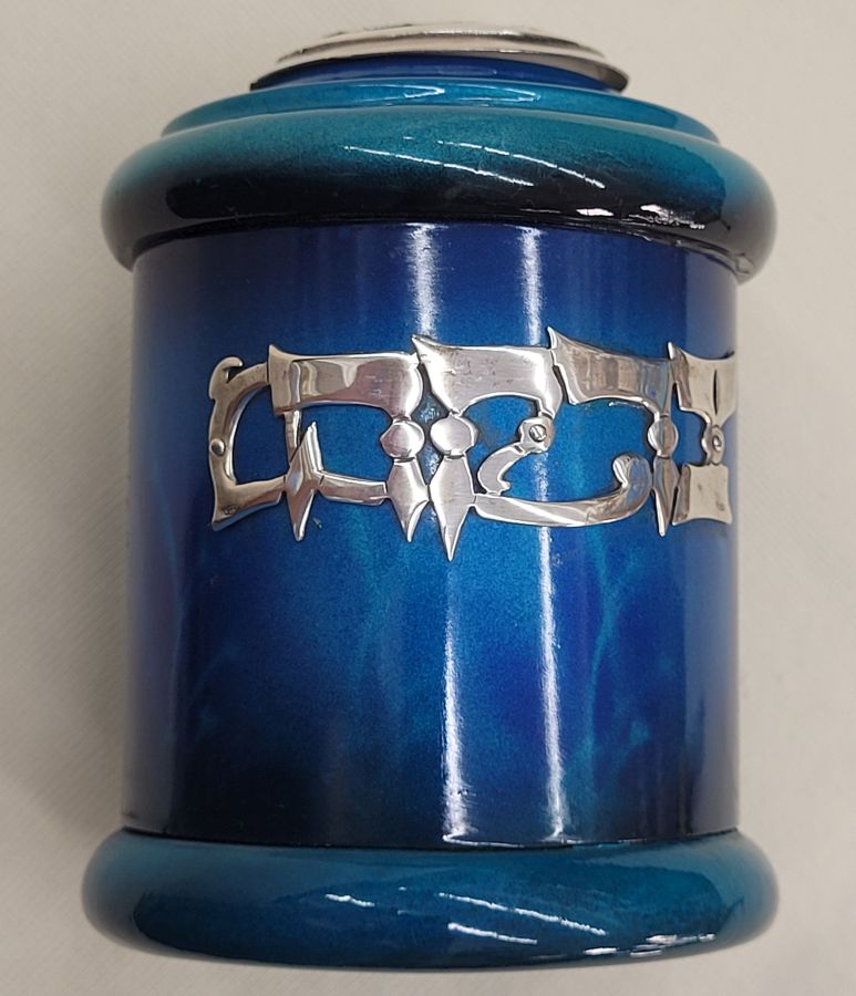 Handmade blue Tzedakah box aluminum silver sterling box contemporary style with purple enamel all over. Dimension diameter 8.6 cm X 12 cm approximately.