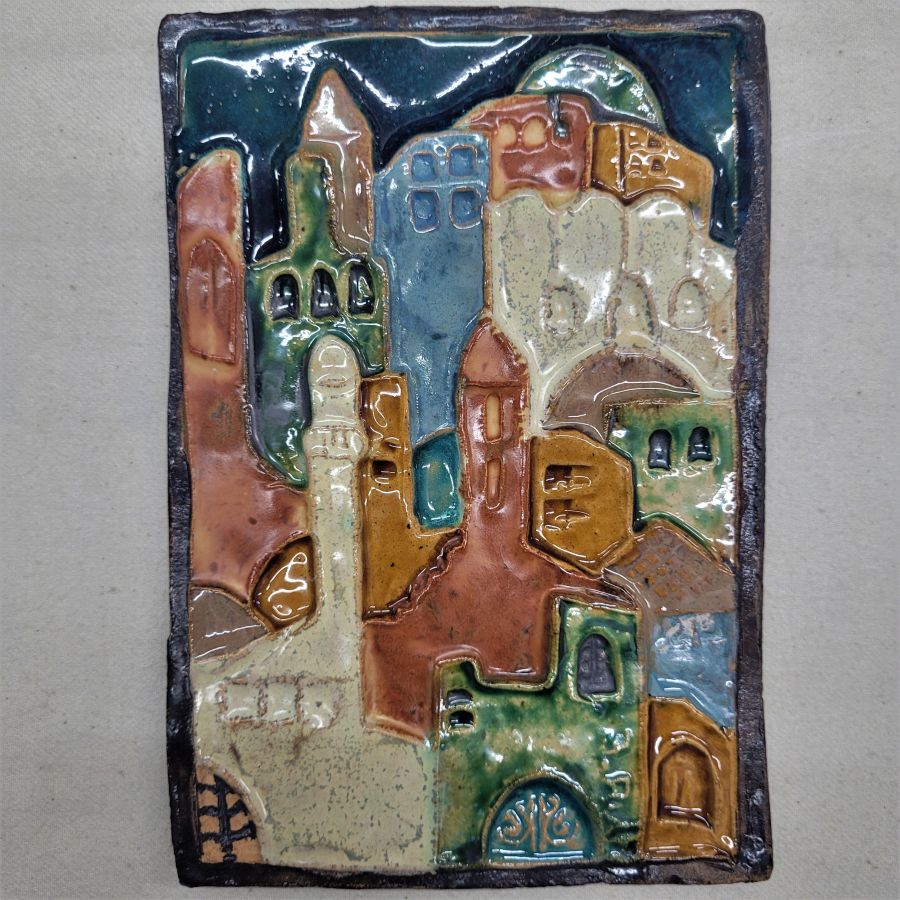 Handmade glazed ceramic tile rectangle shape Jerusalem with typical Jerusalem historic houses made by Ruth Factor. Dimension 18 cm X 12 cm approximately.
