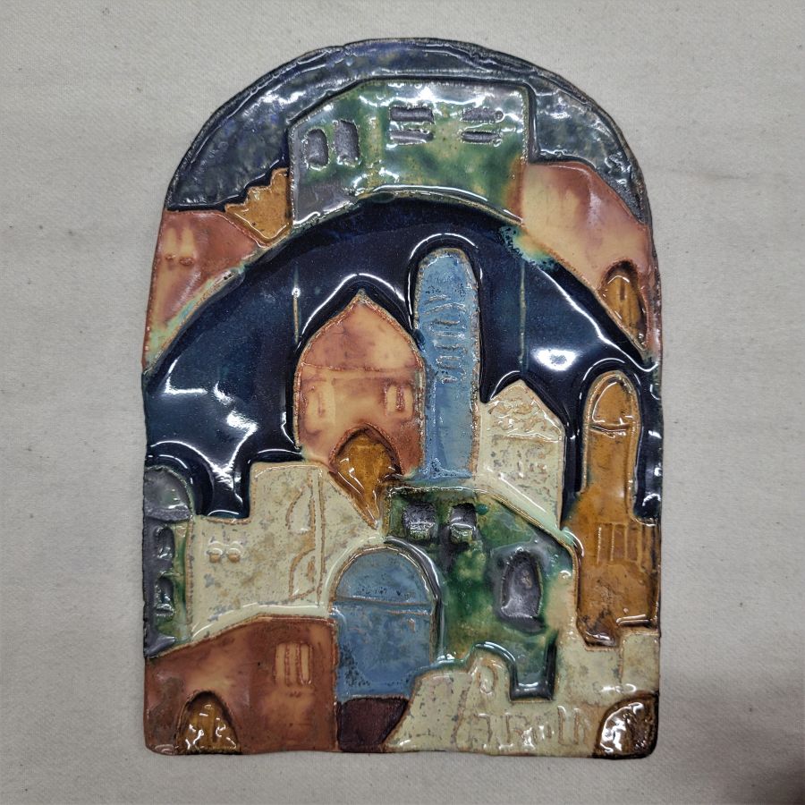 Handmade window shape glazed ceramic Jerusalem houses view tile made by Ruth Factor. Dimension 16.2 cm X 12 cm approximately.