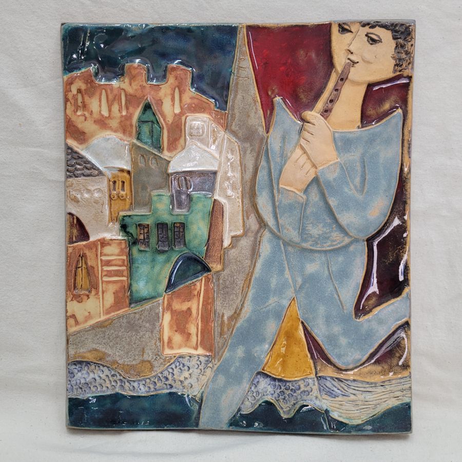 Handmade rectangle shape tile rejoice Jerusalem happiness glazed ceramic, King David plays happy tunes with his flute 31 cm X 27 cm approximately.