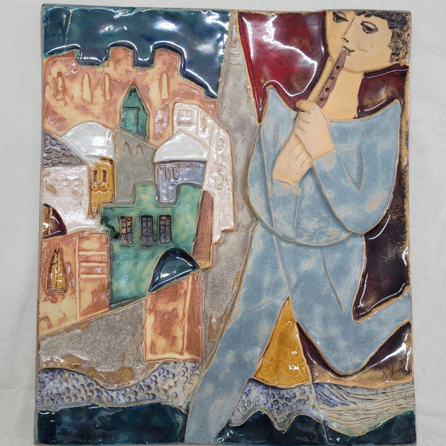 Handmade rectangle shape tile rejoice Jerusalem happiness glazed ceramic, King David plays happy tunes with his flute 31 cm X 27 cm approximately.