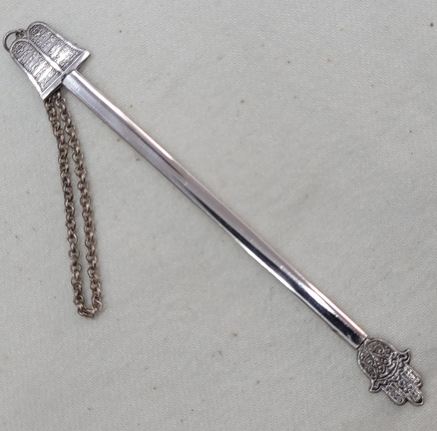 Handmade sterling silver ten commandments Torah pointer suitable for Bar or Bath Mitzvah gift. It might be used also as a book marker as well.