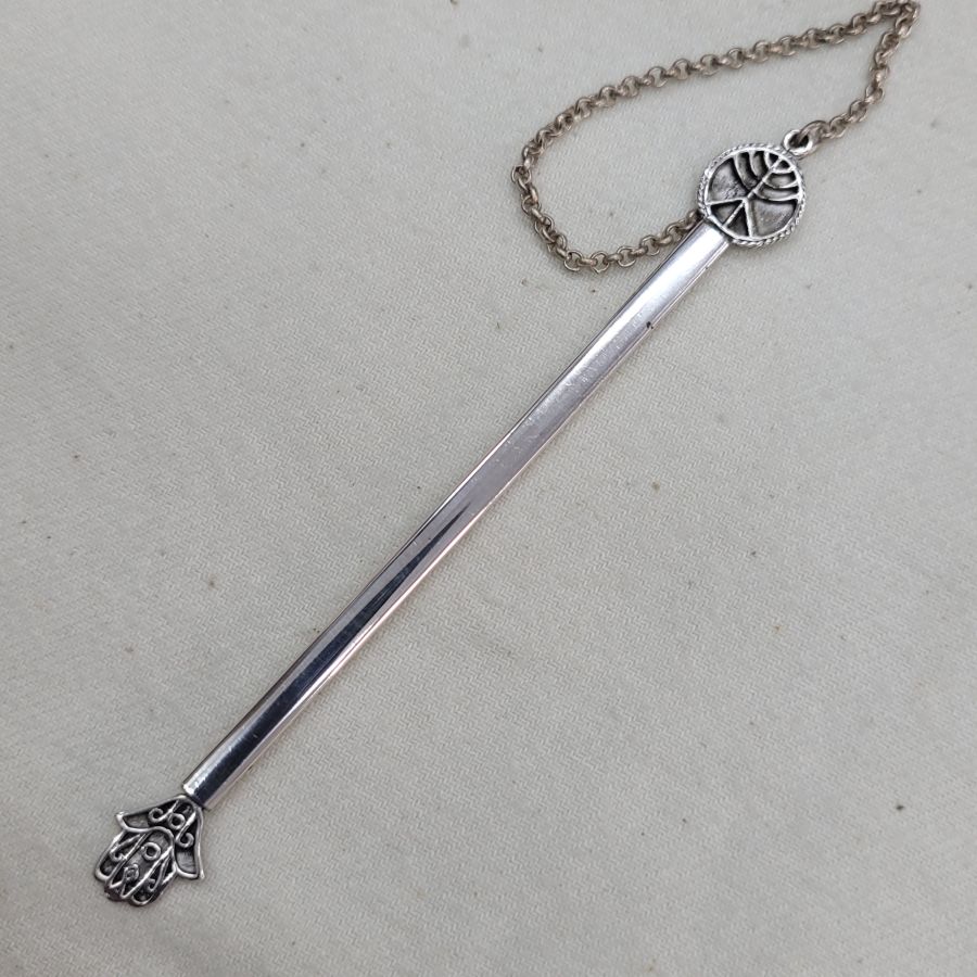 Handmade sterling silver Menorah Torah Yad pointer suitable for Bar or Bath Mitzvah gift. It might be used also as a book marker as well.
