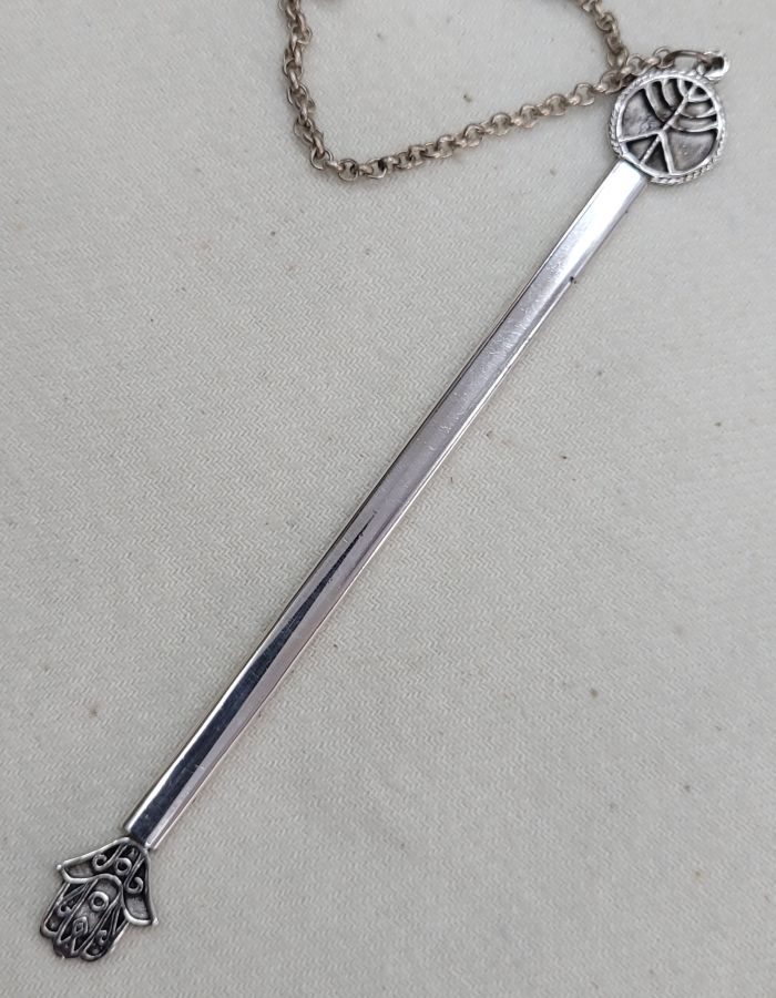 Handmade sterling silver Menorah Torah Yad pointer suitable for Bar or Bath Mitzvah gift. It might be used also as a book marker as well.
