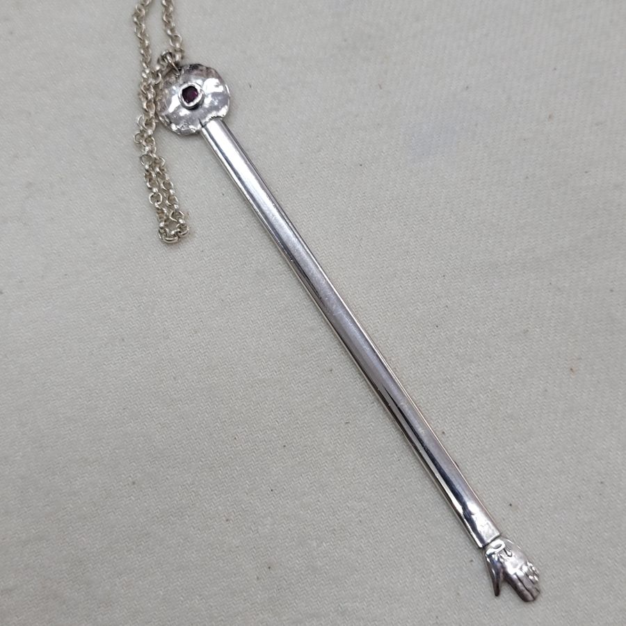 Handmade sterling silver Torah Yad pointer Ruby set in center of hammered silver suitable for Bar or Bath Mitzvah gift made by S. Ghatan Katan.