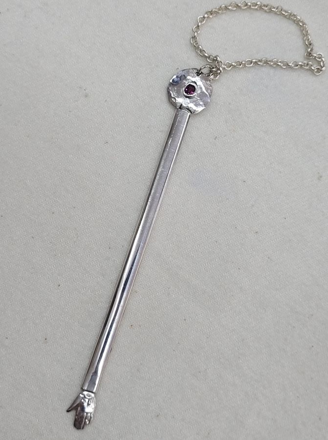 Handmade sterling silver Torah Yad pointer Ruby set in center of hammered silver suitable for Bar or Bath Mitzvah gift made by S. Ghatan Katan.