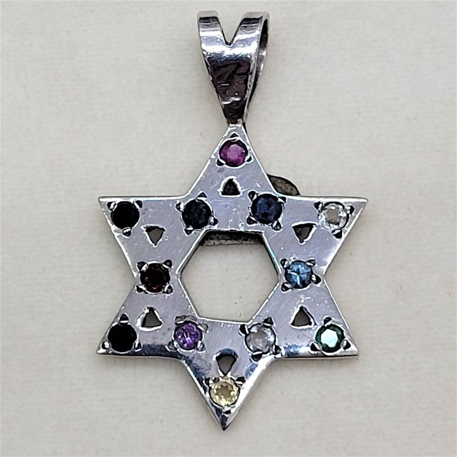 Handmade sterling silver 12 tribes stones pendant traditional Magen David star shape set with 12 tribes genuine stones 4.5 cm X 2.8 cm X 0.2 cm.
