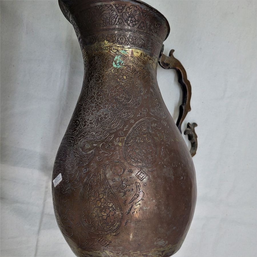 Handmade antique copper water jar silver plated ancient Qajar Safavid early 18th century Qajar Middle Eastern diameter 15 cm X 30 cm approximately.
