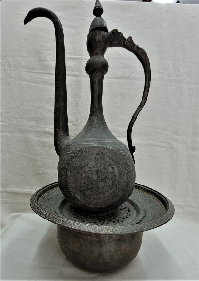 Handmade copper silver plated ancient Qajar washing hands jar with dish for the water waste, Safavid early 18th century Qajar Middle Eastern.